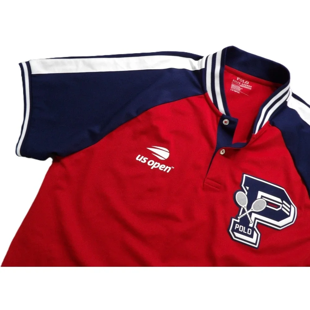 Polo Ralph Lauren US Open Tennis Shirt Men L Red Performance Big P Polo Logo EUC